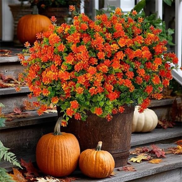 Artificial Fall Flowers Outdoor Fake Mums - 12 Bundles Fake Plants UV Resistant - Picture 7 of 7